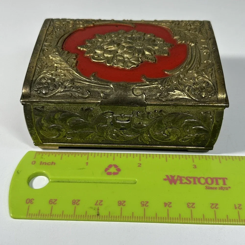Vintage Metal Gold-tone Floral Detailed Lined Footed Trinket Jewelry Box.